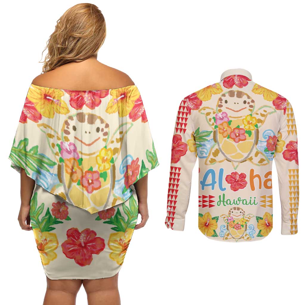 Kawaii Turtle Couples Matching Off Shoulder Short Dress and Long Sleeve Button Shirt Aloha Hibiscus Flowers