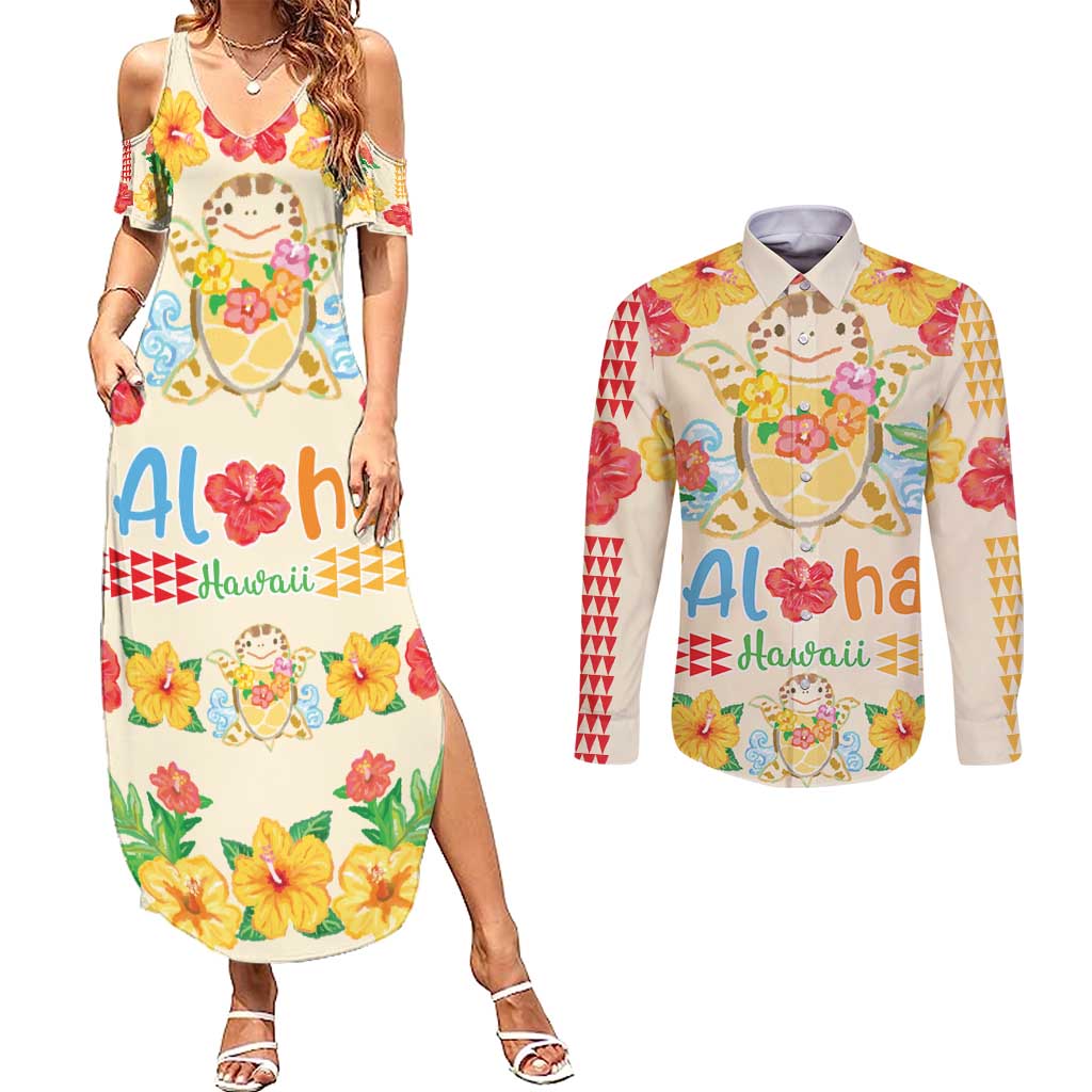 Kawaii Turtle Couples Matching Summer Maxi Dress and Long Sleeve Button Shirt Aloha Hibiscus Flowers