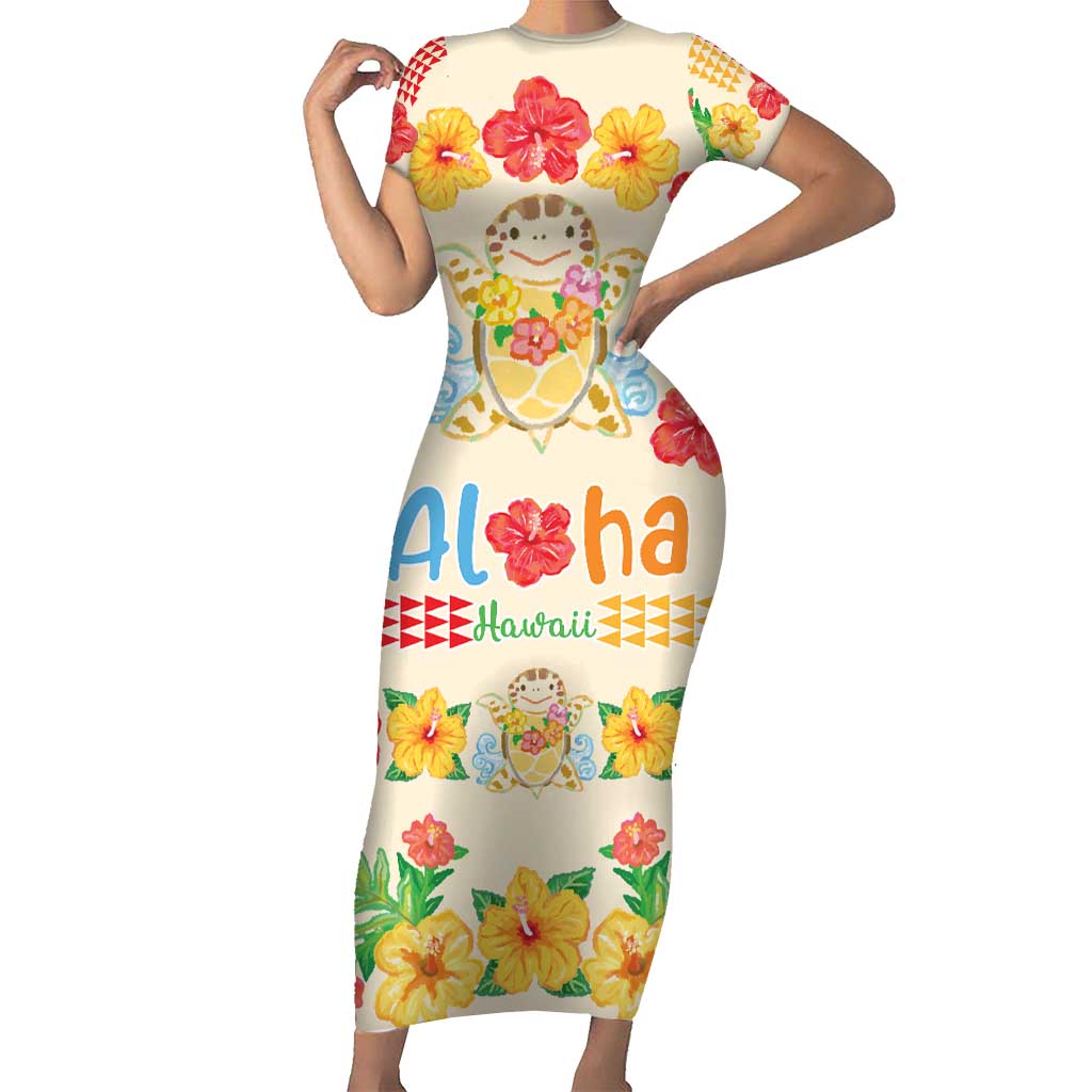 Kawaii Turtle Family Matching Short Sleeve Bodycon Dress and Hawaiian Shirt Aloha Hibiscus Flowers