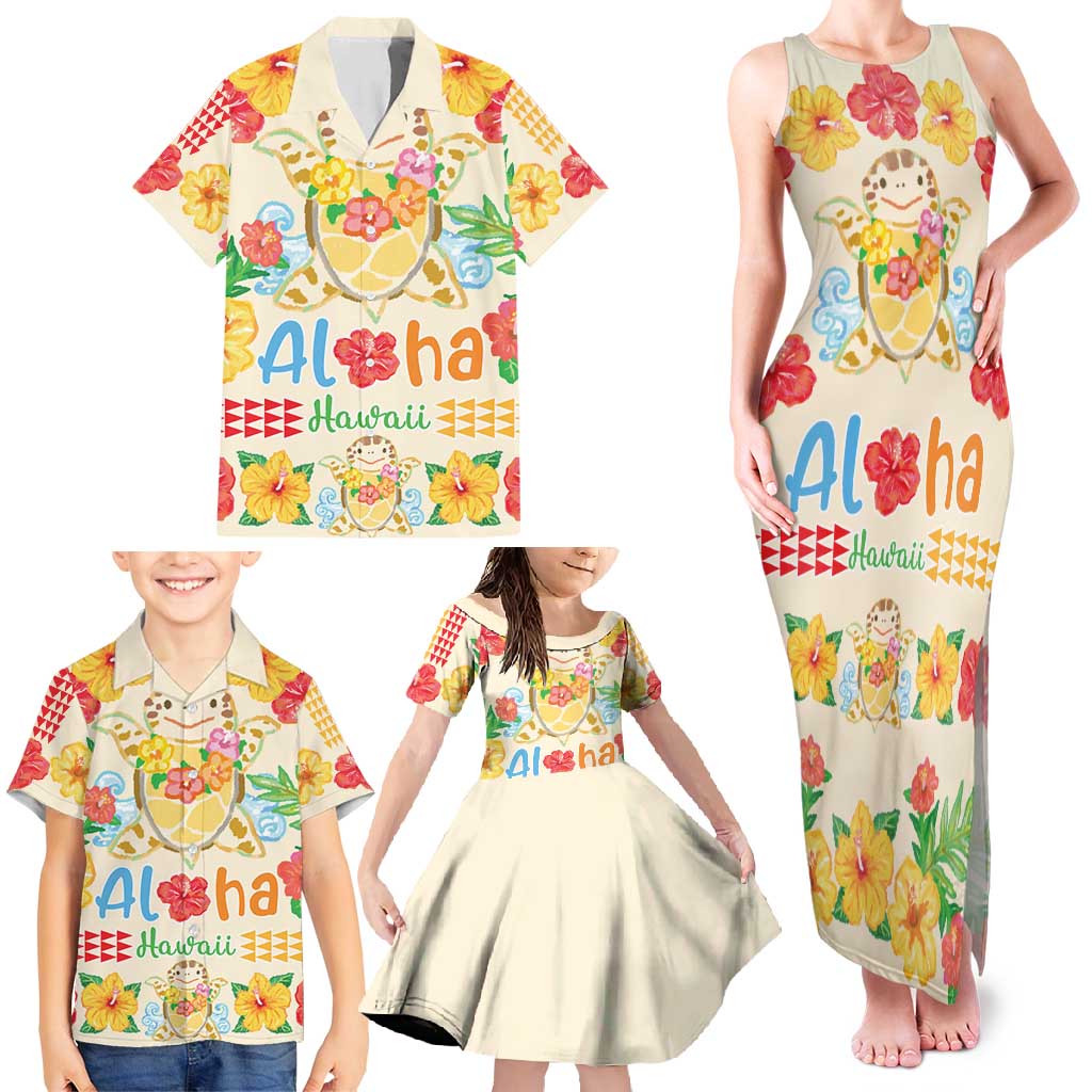 Kawaii Turtle Family Matching Tank Maxi Dress and Hawaiian Shirt Aloha Hibiscus Flowers