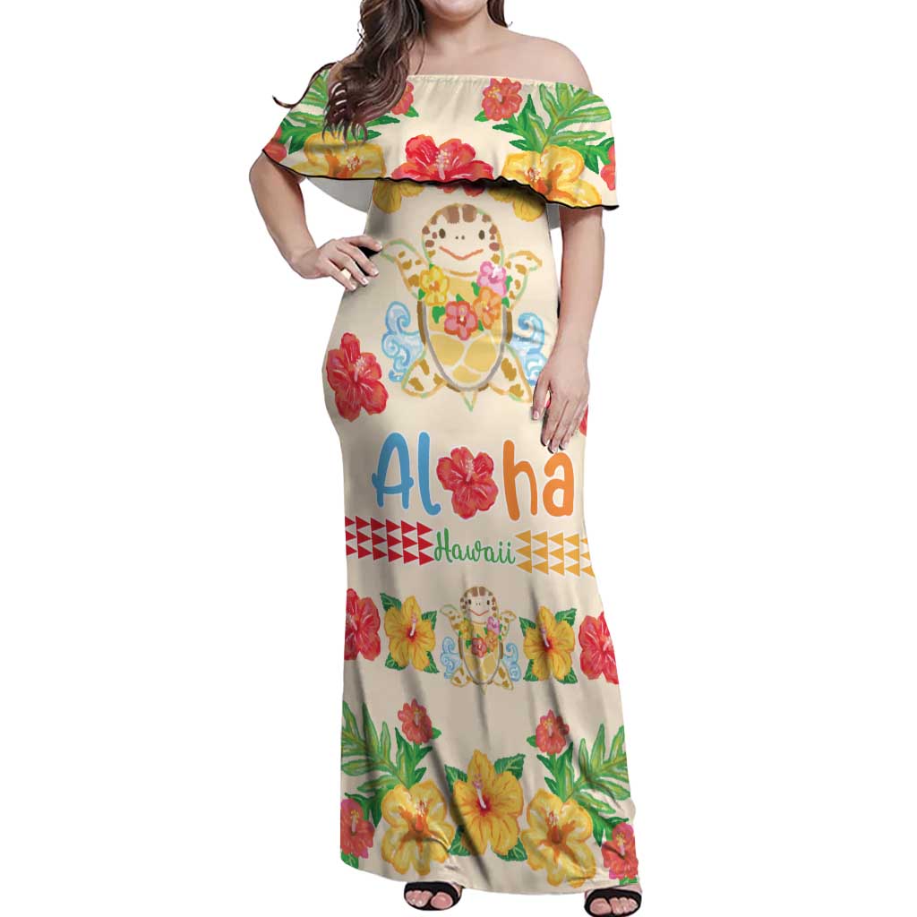 Kawaii Turtle Off Shoulder Maxi Dress Aloha Hibiscus Flowers