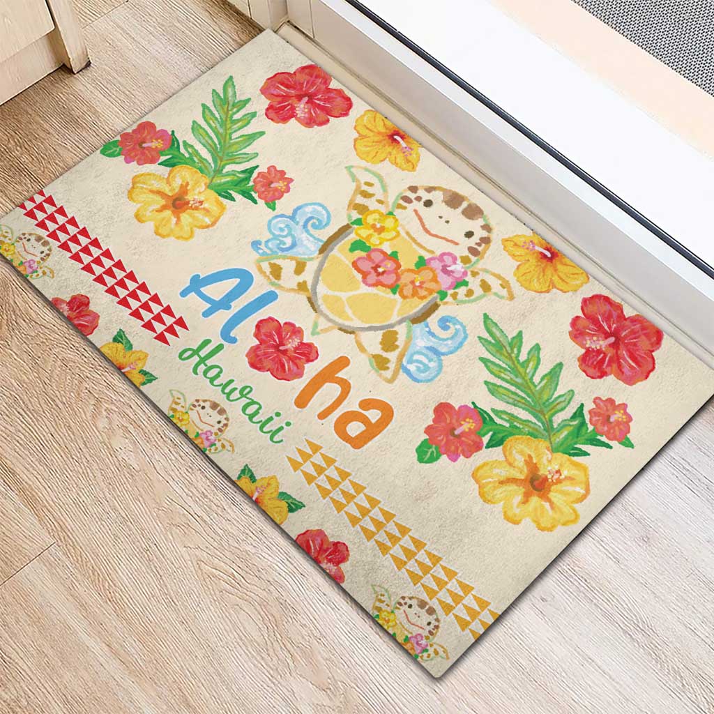 Kawaii Turtle Rubber Doormat Aloha Hibiscus Flowers