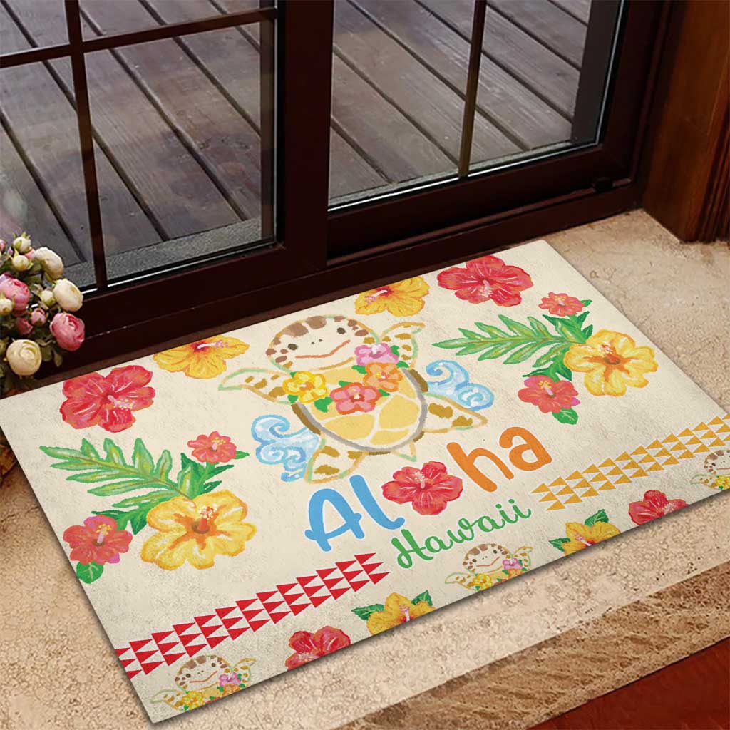 Kawaii Turtle Rubber Doormat Aloha Hibiscus Flowers