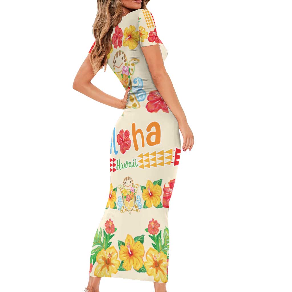 Kawaii Turtle Short Sleeve Bodycon Dress Aloha Hibiscus Flowers