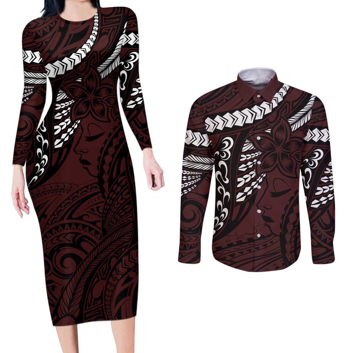 Polynesian Girl Tribal Tattoo Couples Matching Long Sleeve Bodycon Dress and Long Sleeve Button Shirt Oxbood Vibe