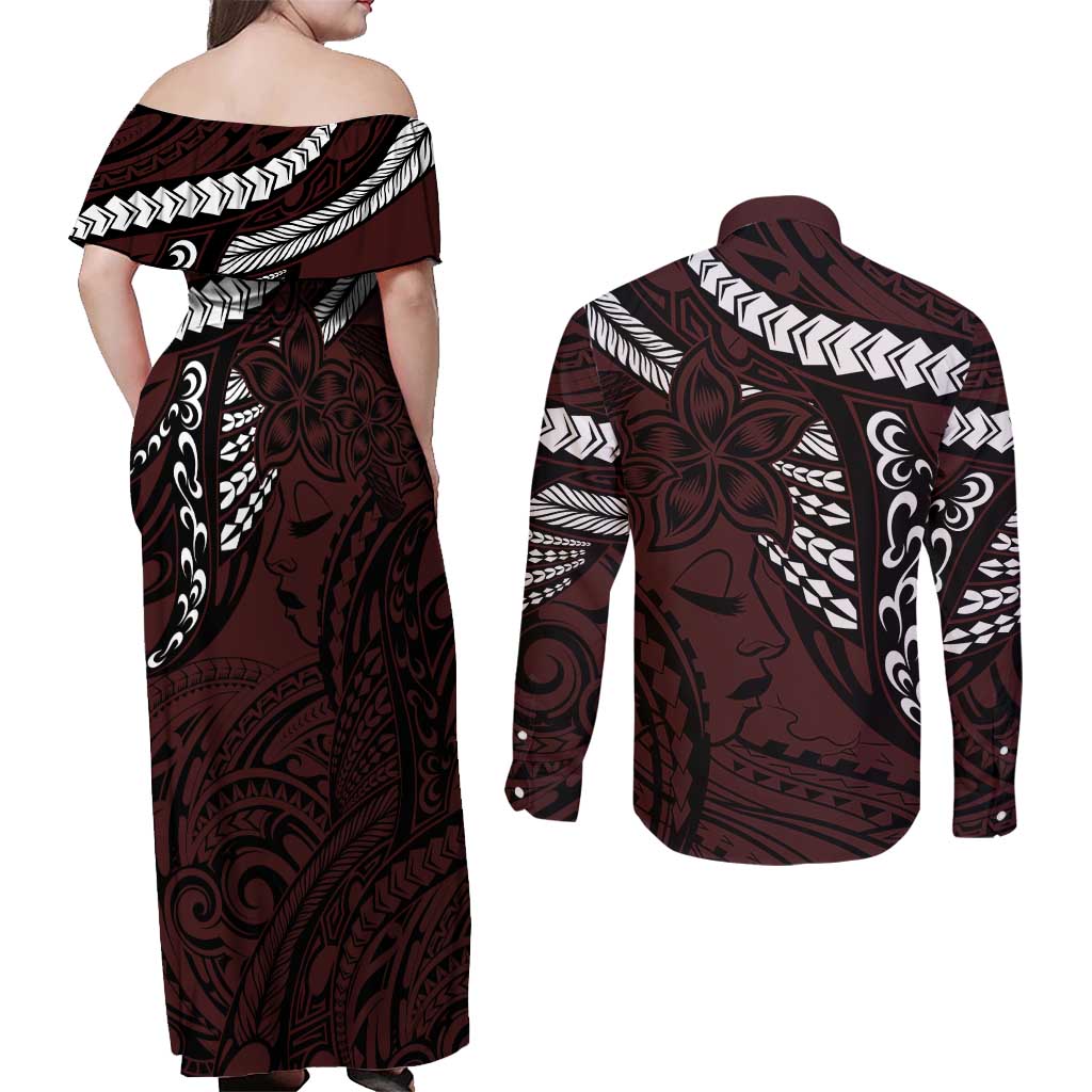 Polynesian Girl Tribal Tattoo Couples Matching Off Shoulder Maxi Dress and Long Sleeve Button Shirt Oxbood Vibe