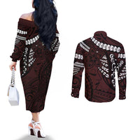 Polynesian Girl Tribal Tattoo Couples Matching Off The Shoulder Long Sleeve Dress and Long Sleeve Button Shirt Oxbood Vibe