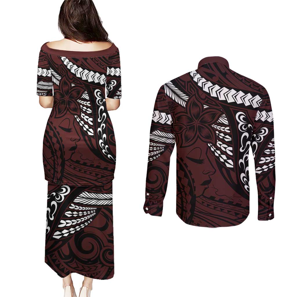 Polynesian Girl Tribal Tattoo Couples Matching Puletasi and Long Sleeve Button Shirt Oxbood Vibe