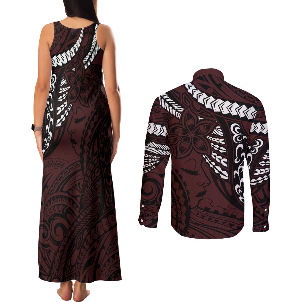 Polynesian Girl Tribal Tattoo Couples Matching Tank Maxi Dress and Long Sleeve Button Shirt Oxbood Vibe