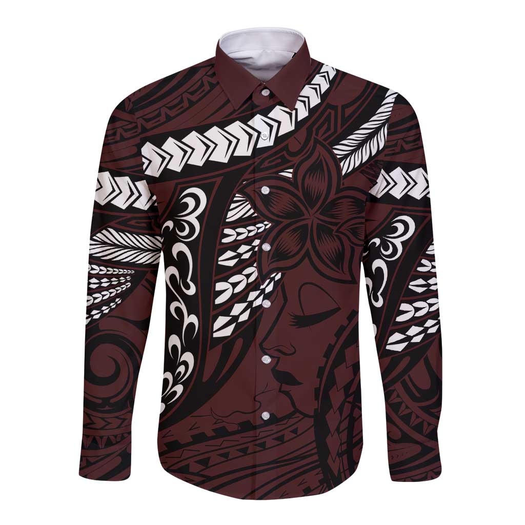 Polynesian Girl Tribal Tattoo Long Sleeve Button Shirt Oxbood Vibe LT9 Unisex Oxblood - Polynesian Pride