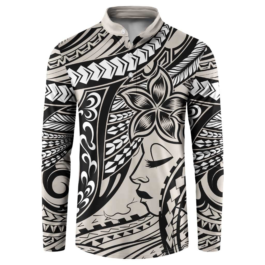 Polynesian Girl Tribal Tattoo Button Sweatshirt Beige Vibe