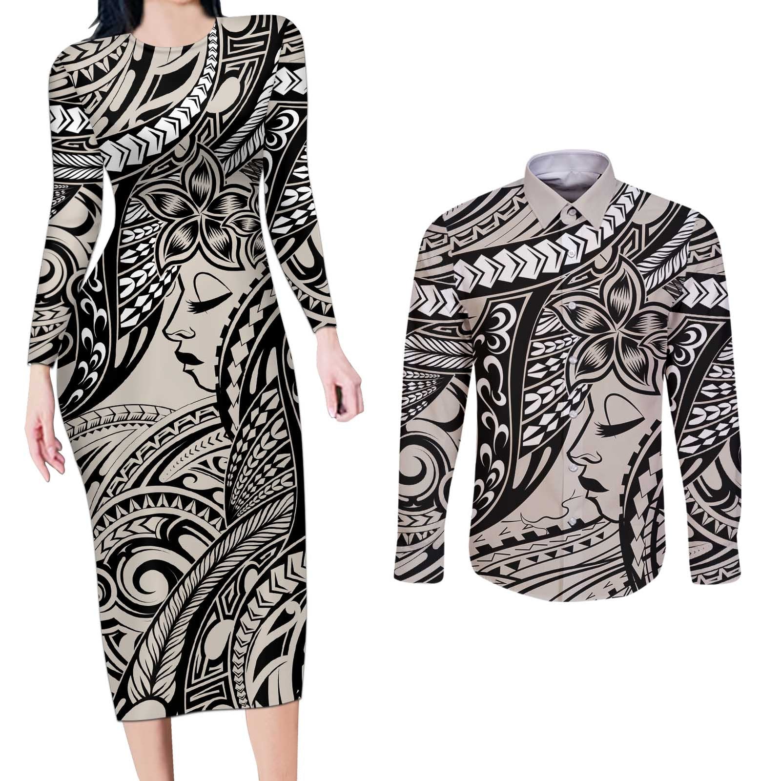 Polynesian Girl Tribal Tattoo Couples Matching Long Sleeve Bodycon Dress and Long Sleeve Button Shirt Beige Vibe