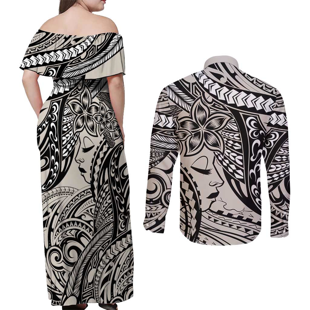 Polynesian Girl Tribal Tattoo Couples Matching Off Shoulder Maxi Dress and Long Sleeve Button Shirt Beige Vibe