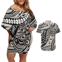 Polynesian Girl Tribal Tattoo Couples Matching Off Shoulder Short Dress and Hawaiian Shirt Beige Vibe