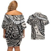 Polynesian Girl Tribal Tattoo Couples Matching Off Shoulder Short Dress and Hawaiian Shirt Beige Vibe