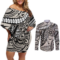 Polynesian Girl Tribal Tattoo Couples Matching Off Shoulder Short Dress and Long Sleeve Button Shirt Beige Vibe
