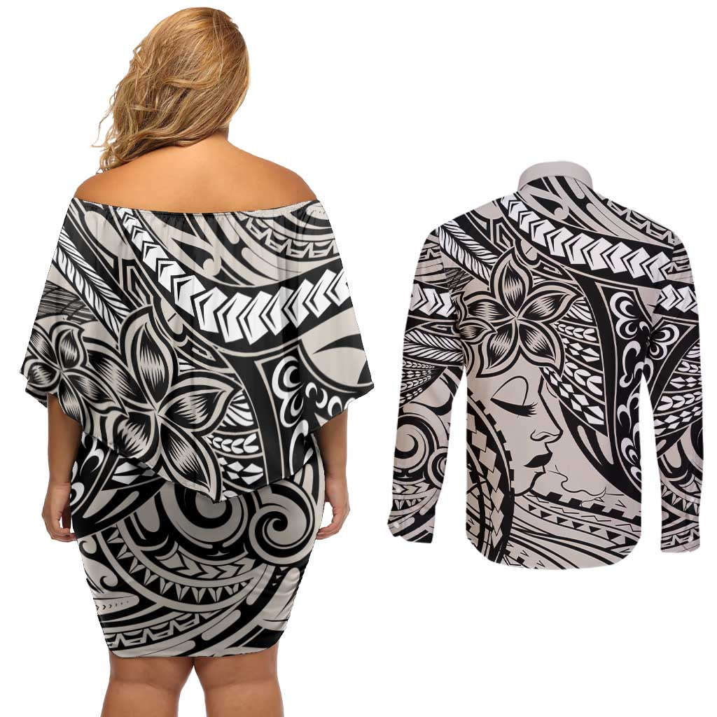 Polynesian Girl Tribal Tattoo Couples Matching Off Shoulder Short Dress and Long Sleeve Button Shirt Beige Vibe