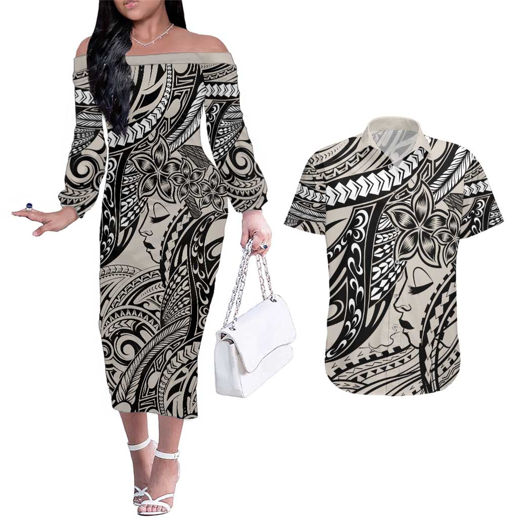 Polynesian Girl Tribal Tattoo Couples Matching Off The Shoulder Long Sleeve Dress and Hawaiian Shirt Beige Vibe