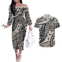 Polynesian Girl Tribal Tattoo Couples Matching Off The Shoulder Long Sleeve Dress and Hawaiian Shirt Beige Vibe