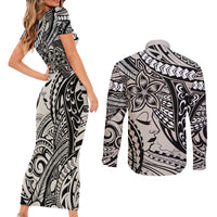 Polynesian Girl Tribal Tattoo Couples Matching Short Sleeve Bodycon Dress and Long Sleeve Button Shirt Beige Vibe