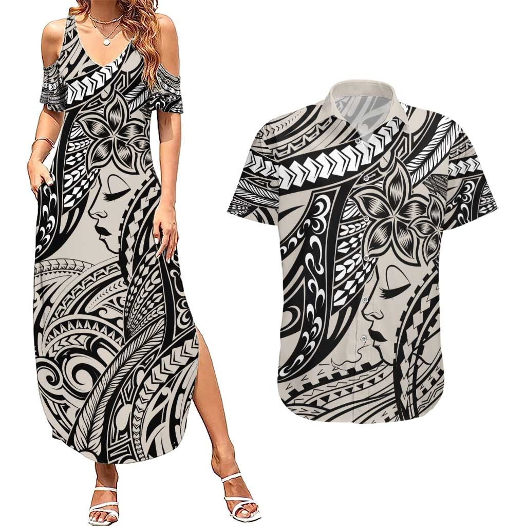 Polynesian Girl Tribal Tattoo Couples Matching Summer Maxi Dress and Hawaiian Shirt Beige Vibe