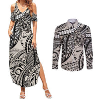 Polynesian Girl Tribal Tattoo Couples Matching Summer Maxi Dress and Long Sleeve Button Shirt Beige Vibe