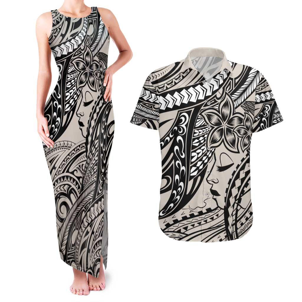 Polynesian Girl Tribal Tattoo Couples Matching Tank Maxi Dress and Hawaiian Shirt Beige Vibe