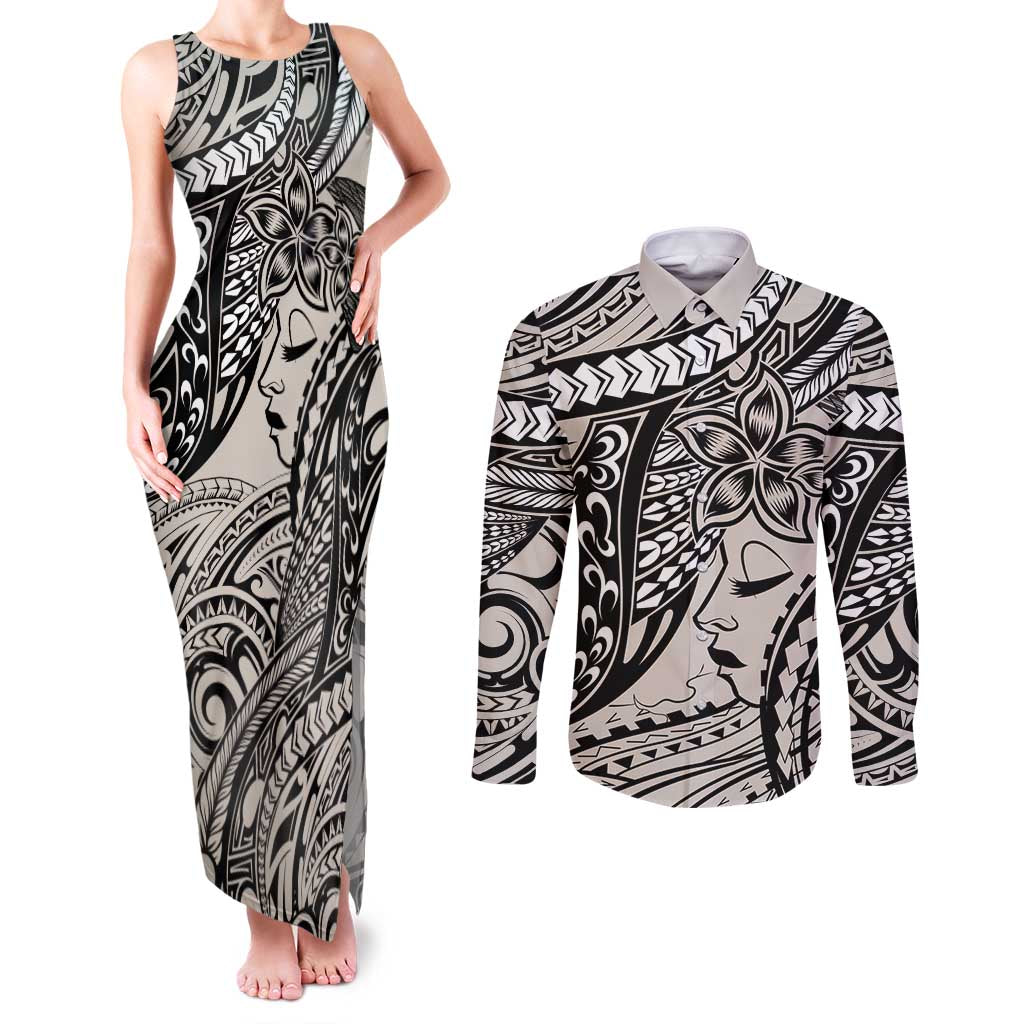 Polynesian Girl Tribal Tattoo Couples Matching Tank Maxi Dress and Long Sleeve Button Shirt Beige Vibe