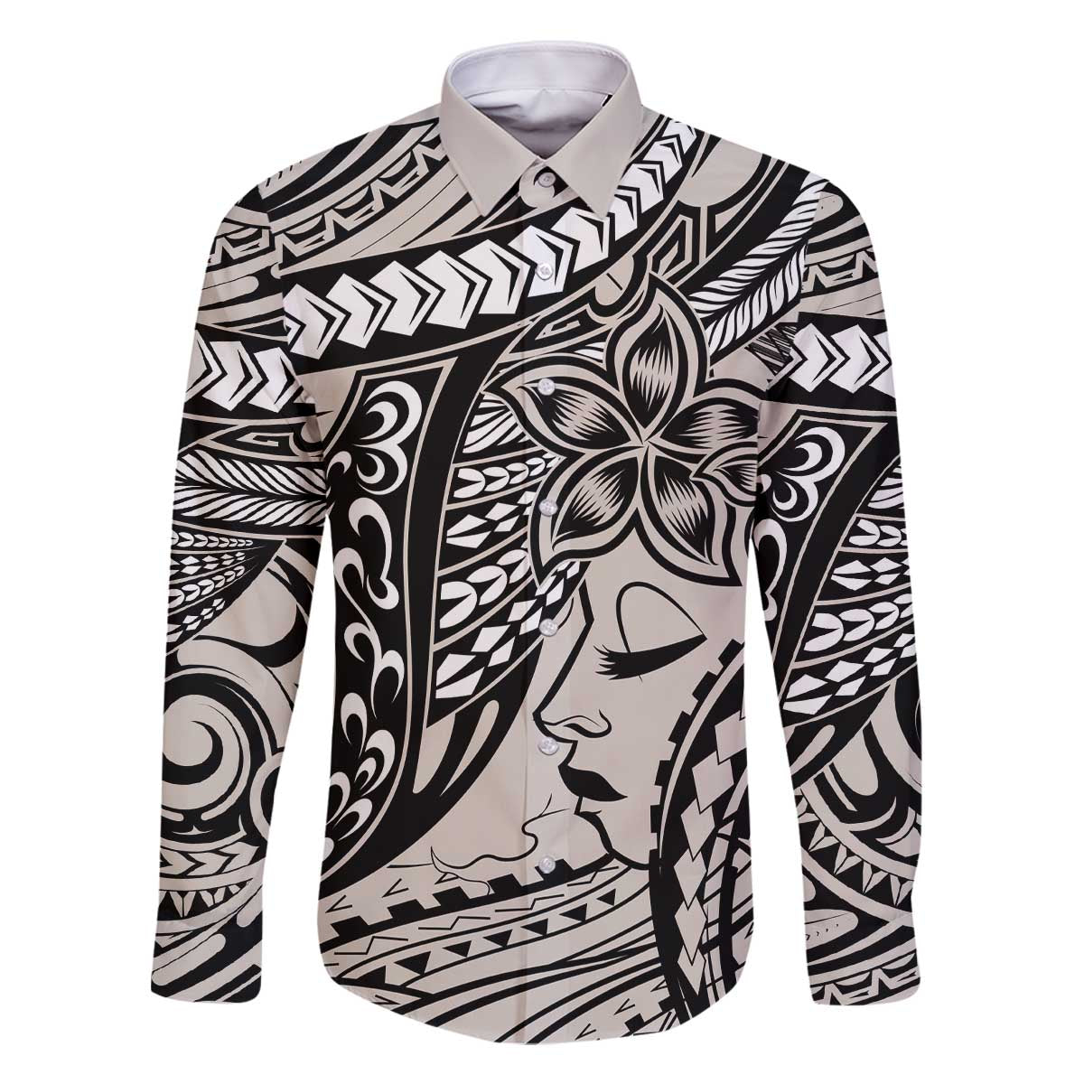 Polynesian Girl Tribal Tattoo Family Matching Off The Shoulder Long Sleeve Dress and Hawaiian Shirt Beige Vibe
