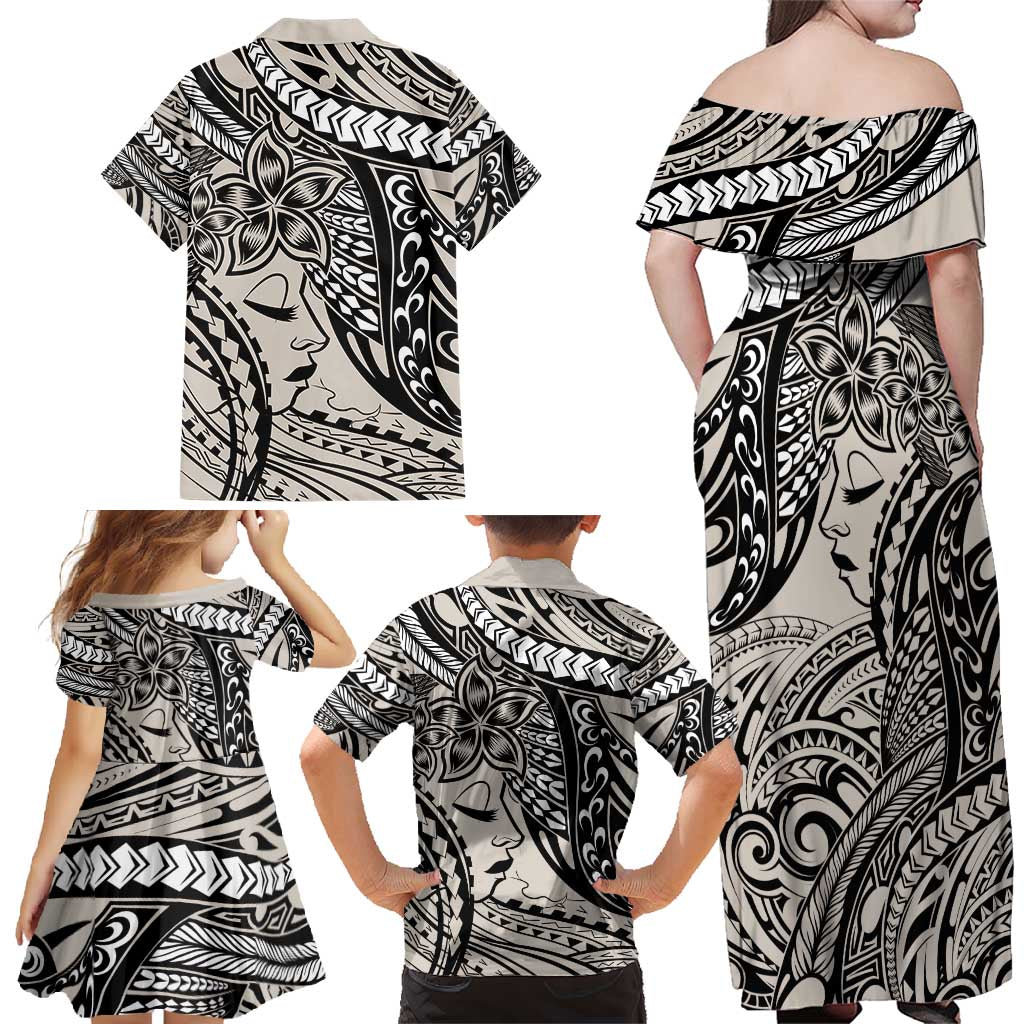 Polynesian Girl Tribal Tattoo Family Matching Off Shoulder Maxi Dress and Hawaiian Shirt Beige Vibe