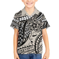 Polynesian Girl Tribal Tattoo Family Matching Off Shoulder Maxi Dress and Hawaiian Shirt Beige Vibe