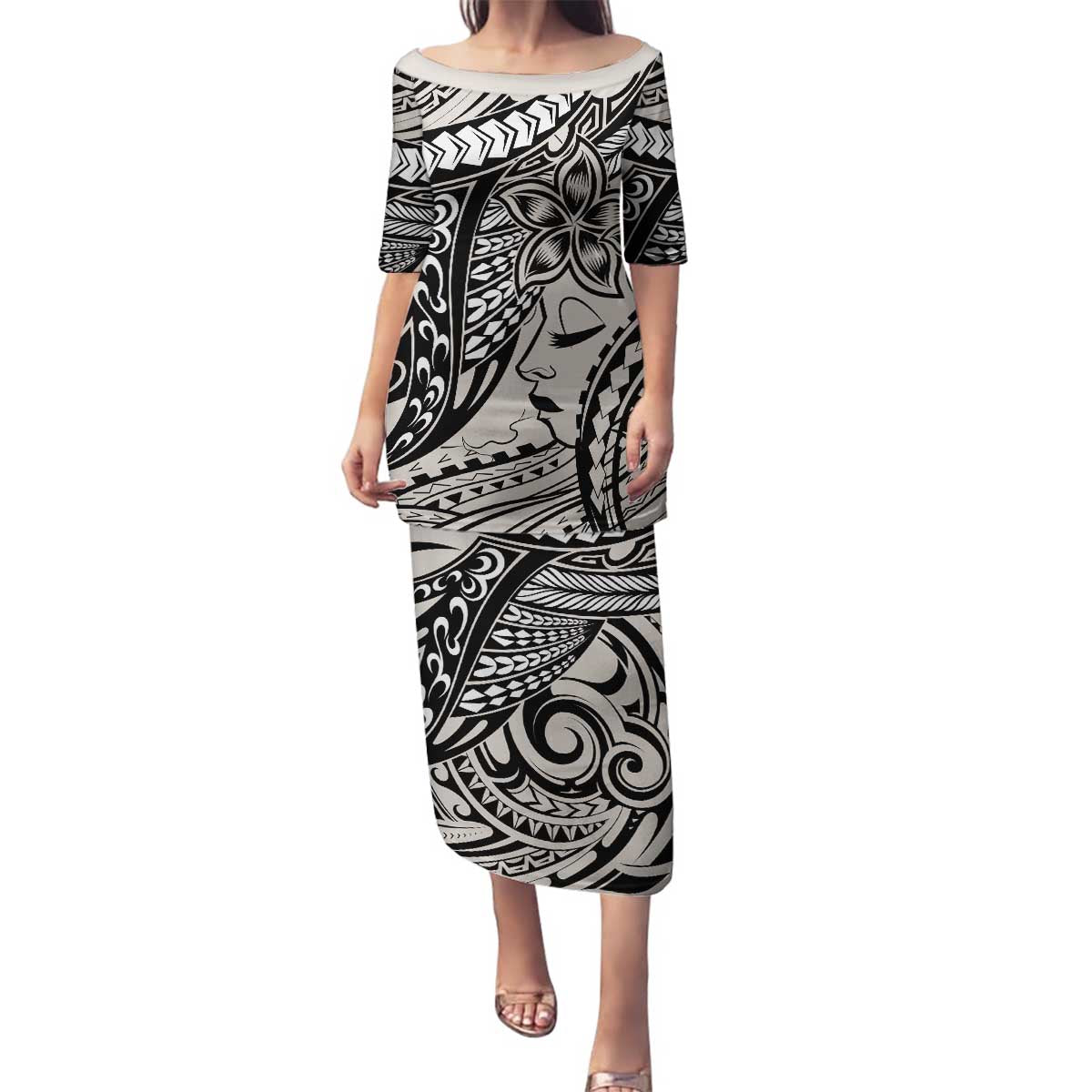 Polynesian Girl Tribal Tattoo Family Matching Puletasi and Hawaiian Shirt Beige Vibe