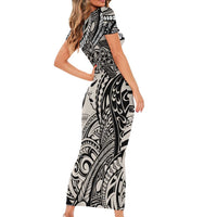 Polynesian Girl Tribal Tattoo Family Matching Short Sleeve Bodycon Dress and Hawaiian Shirt Beige Vibe