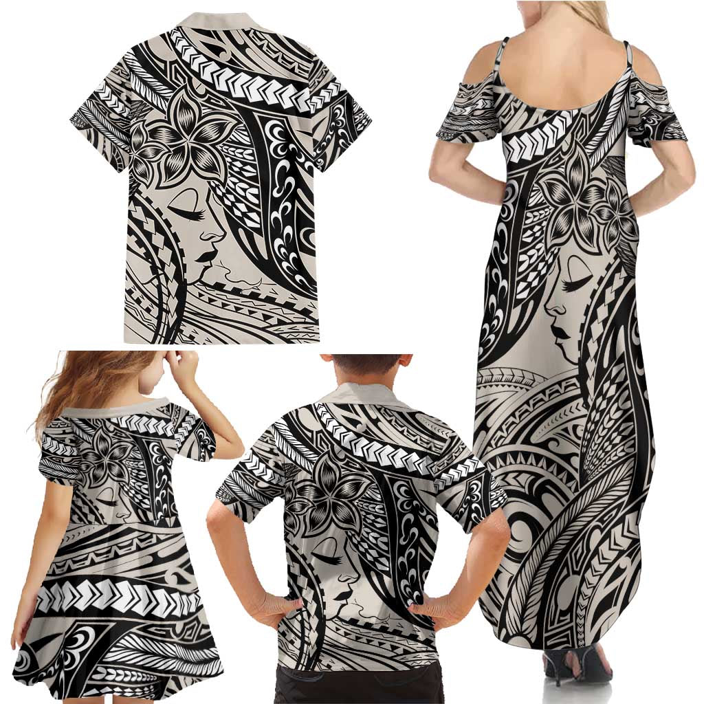 Polynesian Girl Tribal Tattoo Family Matching Summer Maxi Dress and Hawaiian Shirt Beige Vibe