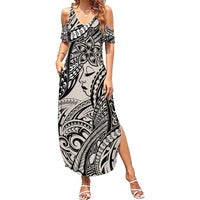 Polynesian Girl Tribal Tattoo Family Matching Summer Maxi Dress and Hawaiian Shirt Beige Vibe