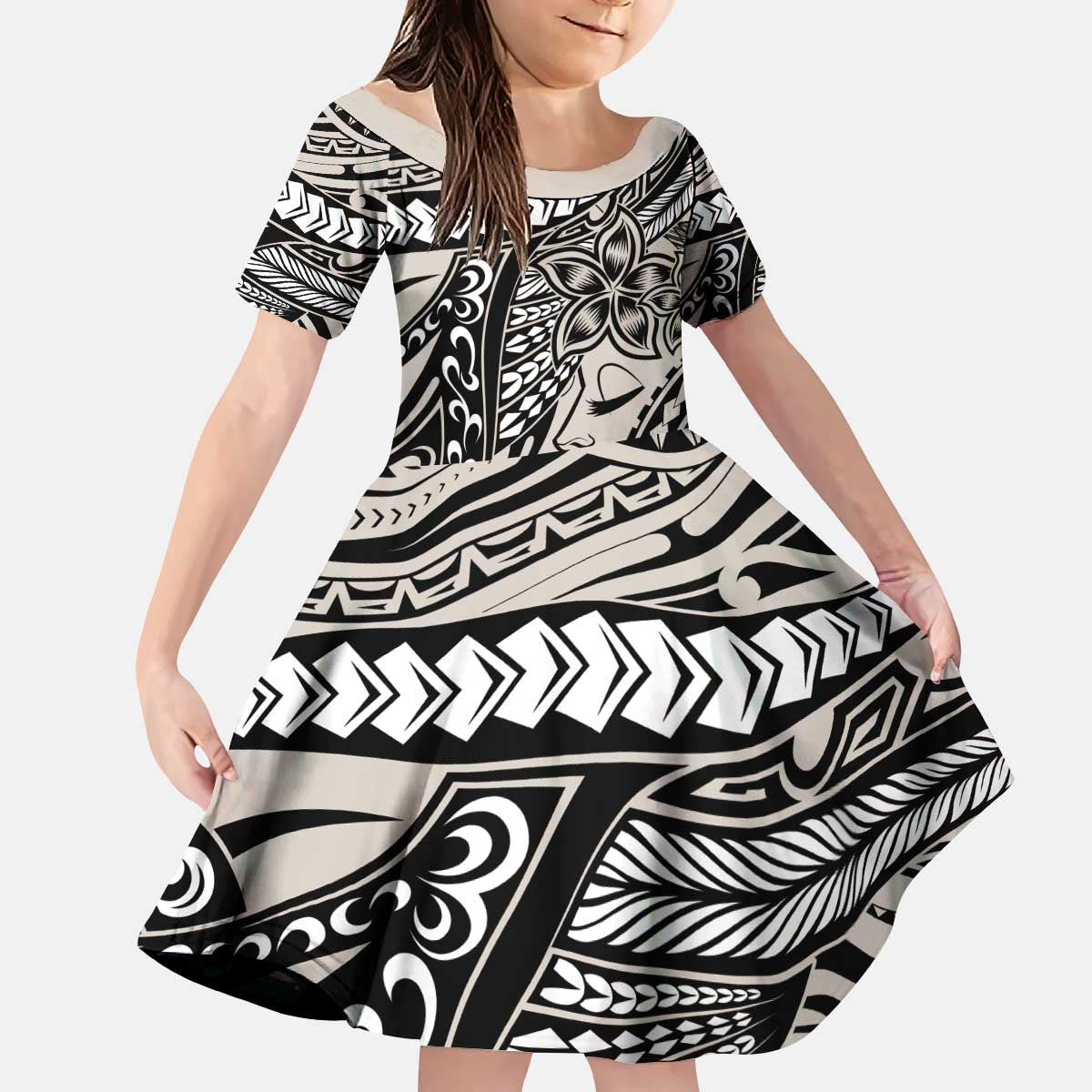 Polynesian Girl Tribal Tattoo Kid Short Sleeve Dress Beige Vibe