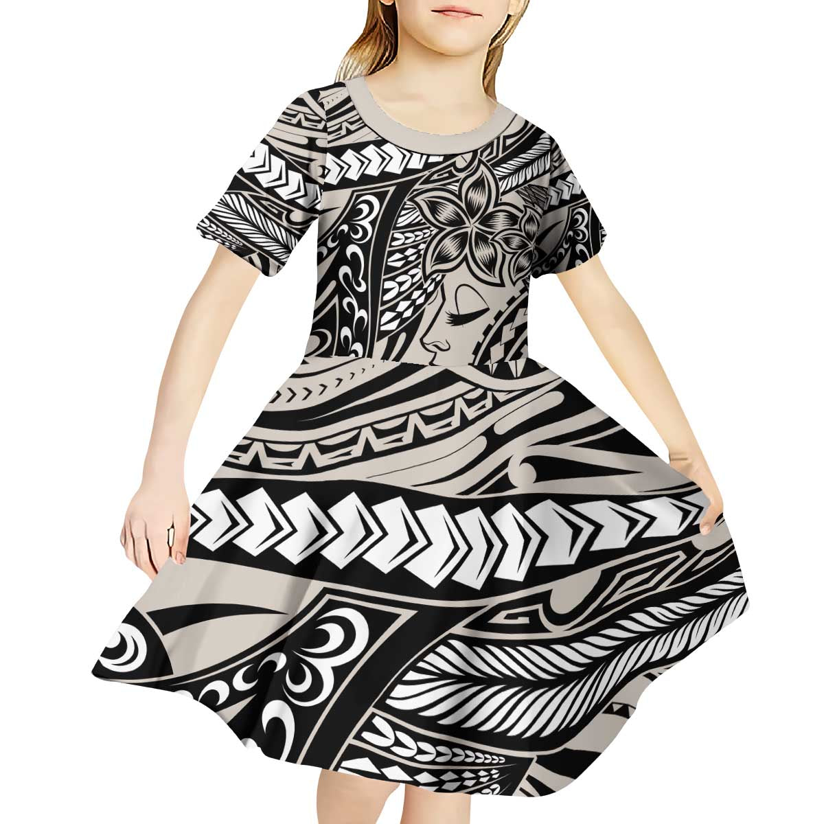 Polynesian Girl Tribal Tattoo Kid Short Sleeve Dress Beige Vibe LT9 - Polynesian Pride