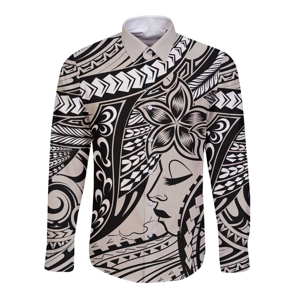 Polynesian Girl Tribal Tattoo Long Sleeve Button Shirt Beige Vibe LT9 Unisex Beige - Polynesian Pride