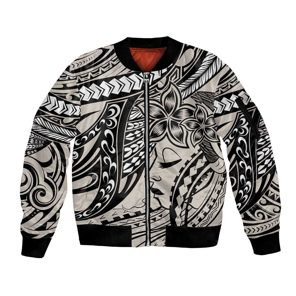 Polynesian Girl Tribal Tattoo Sleeve Zip Bomber Jacket Beige Vibe