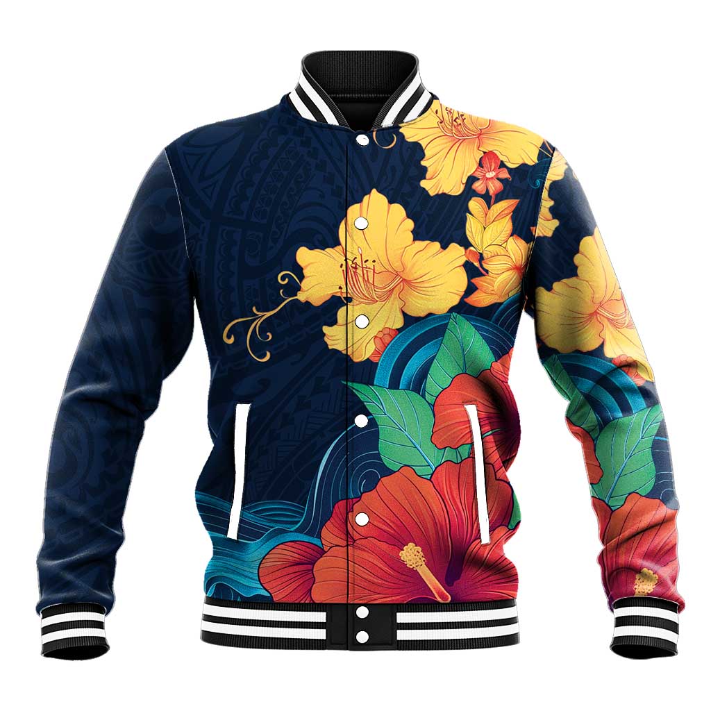 Polynesian Hibiscus Flower Waves Pattern Baseball Jacket LT9 Unisex Dark Blue - Polynesian Pride