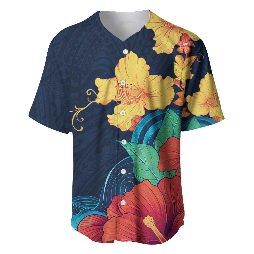 Polynesian Hibiscus Flower Waves Pattern Baseball Jersey LT9 Dark Blue - Polynesian Pride