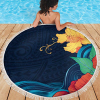 Polynesian Hibiscus Flower Waves Pattern Beach Blanket