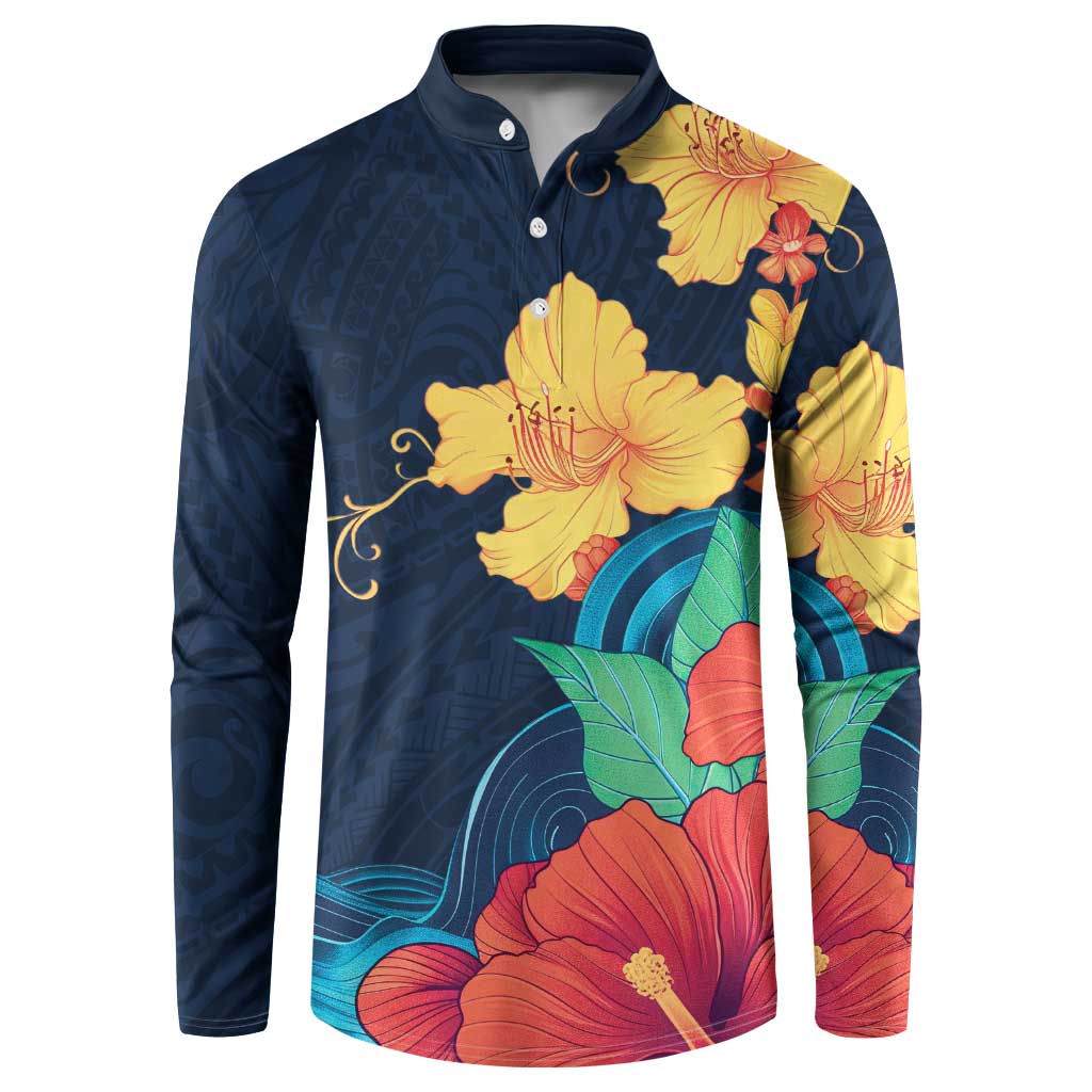 Polynesian Hibiscus Flower Waves Pattern Button Sweatshirt