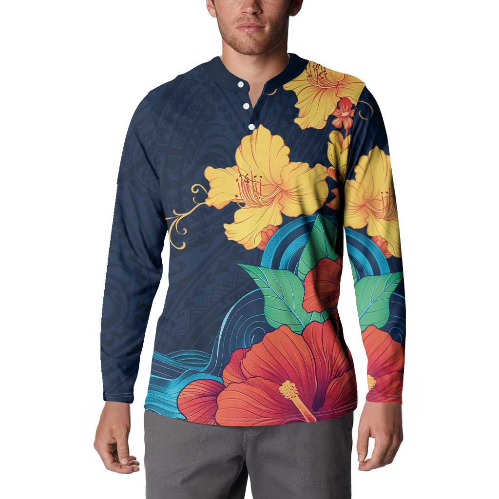 Polynesian Hibiscus Flower Waves Pattern Button Sweatshirt
