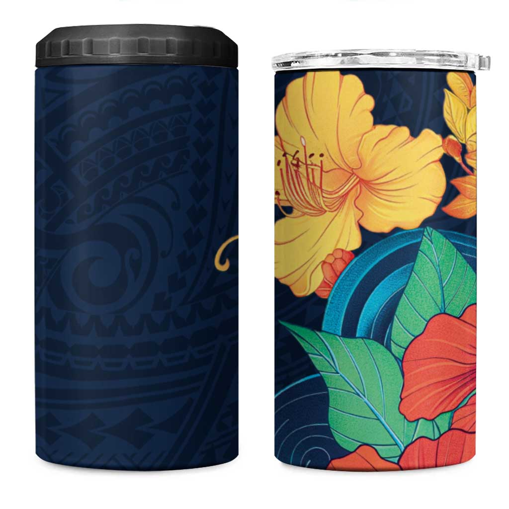 Polynesian Hibiscus Flower Waves Pattern 4 in 1 Can Cooler Tumbler