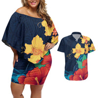 Polynesian Hibiscus Flower Waves Pattern Couples Matching Off Shoulder Short Dress and Hawaiian Shirt