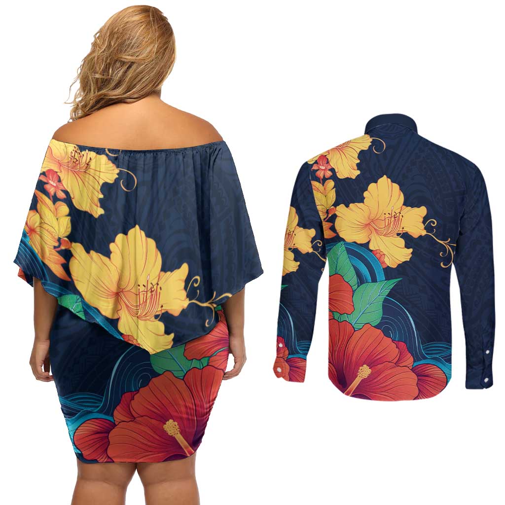 Polynesian Hibiscus Flower Waves Pattern Couples Matching Off Shoulder Short Dress and Long Sleeve Button Shirt