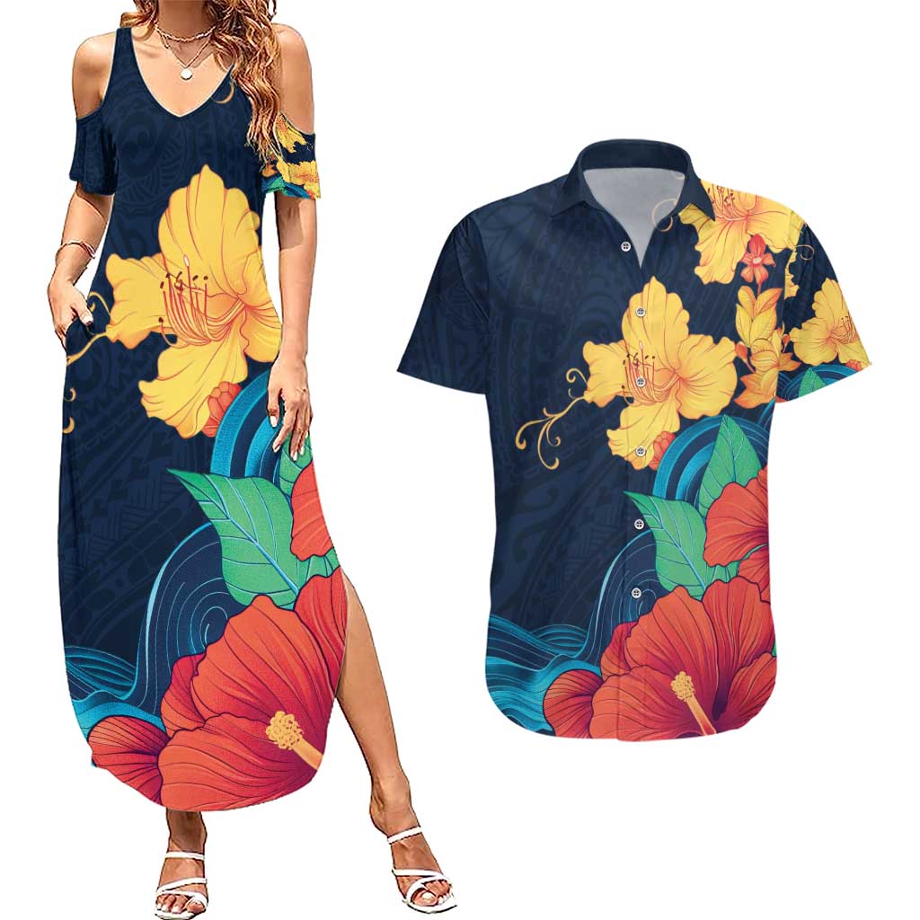 Polynesian Hibiscus Flower Waves Pattern Couples Matching Summer Maxi Dress and Hawaiian Shirt