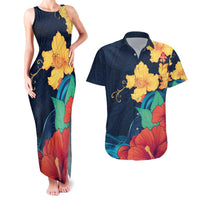 Polynesian Hibiscus Flower Waves Pattern Couples Matching Tank Maxi Dress and Hawaiian Shirt