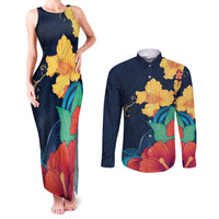 Polynesian Hibiscus Flower Waves Pattern Couples Matching Tank Maxi Dress and Long Sleeve Button Shirt